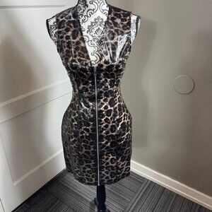 Shane Justin cheetah v-neck full zip bodycon PVC like dress club sexy